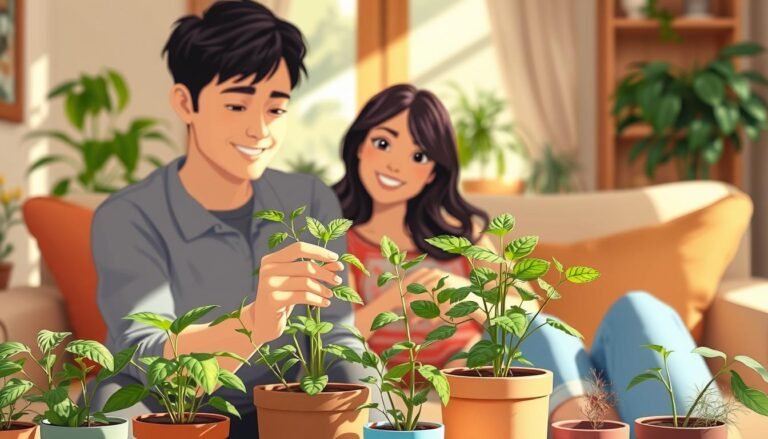 couple caring for plants together